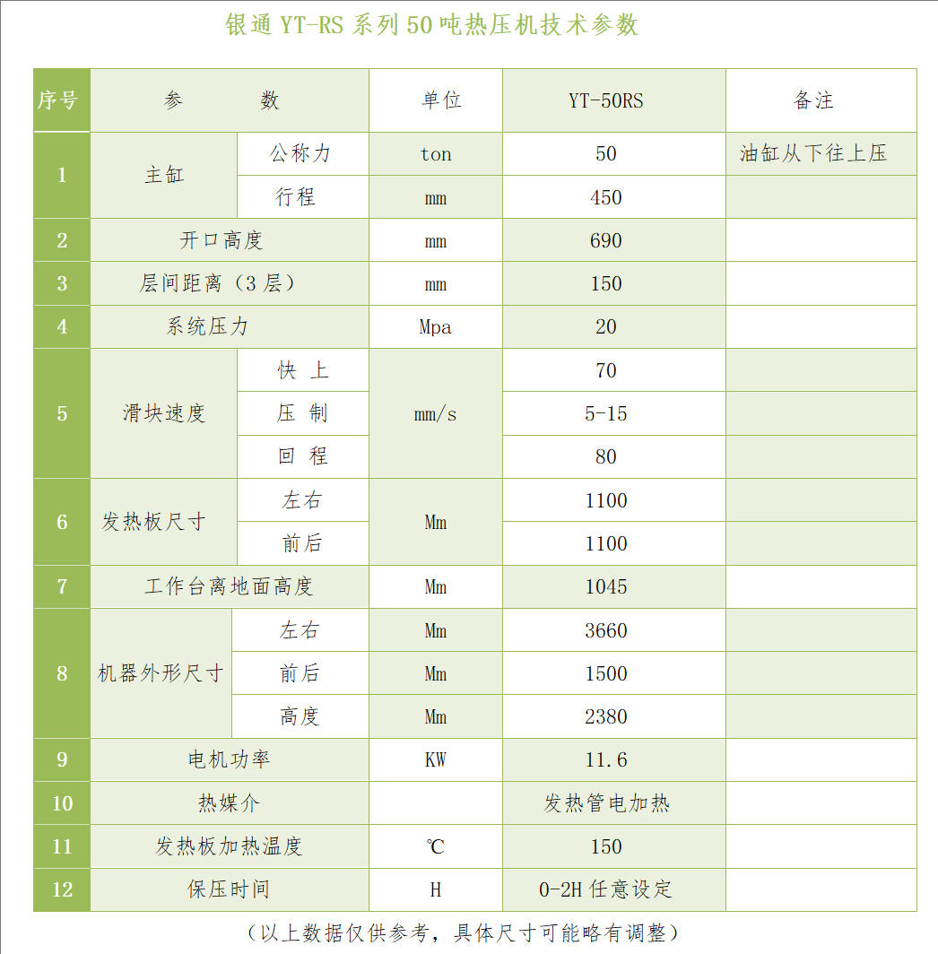 銀通50噸多層熱壓機(jī)技術(shù)參數(shù)